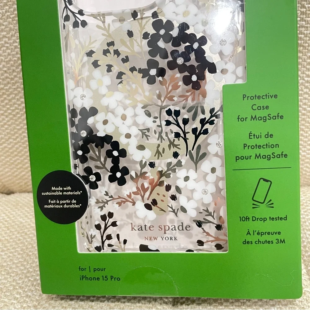 NEW Kate Spade New York iPhone 15 Pro‎ MagSafe Case Floral Crystal Black Gold